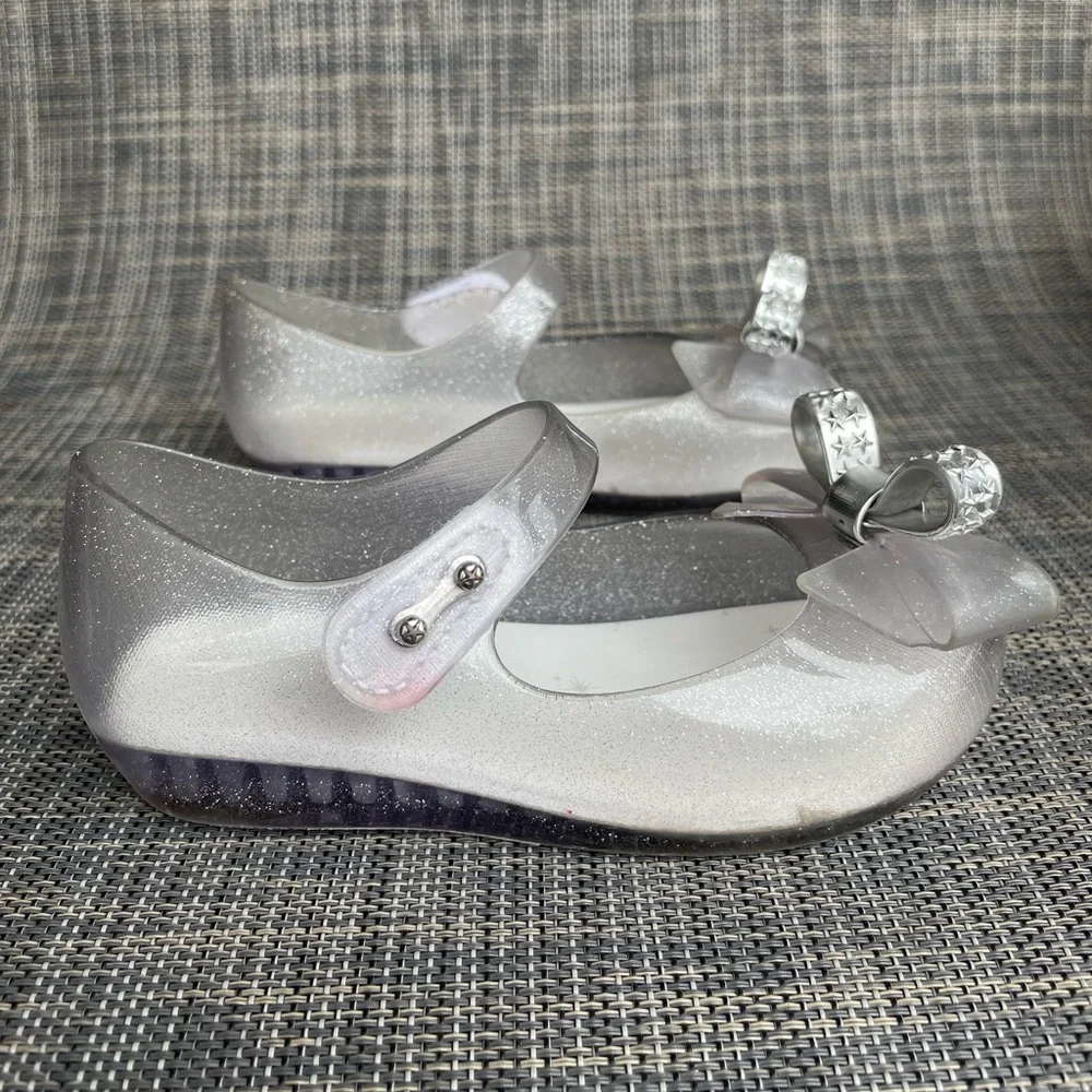 Mini Melissa Ultragirl Bow Mary Jane flats Clear glitter/Silver Dress Shoes sz 9